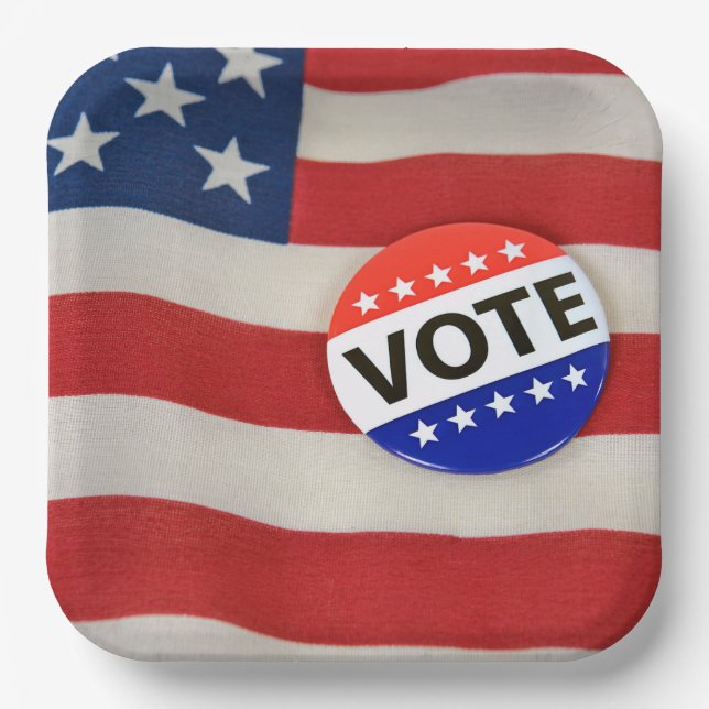 Vote Button On USA Flag Paper Plate (Front)