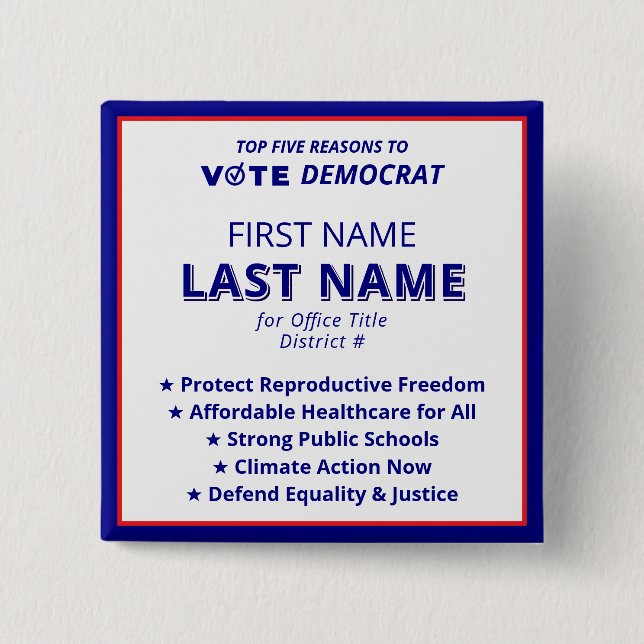 Vote Candidate Name 2026 Simple Democrat Platform 2 Inch Square Button (Front)