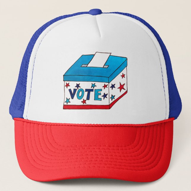 VOTE Election Day Voting Ballot Box Poll Worker Trucker Hat (Front)