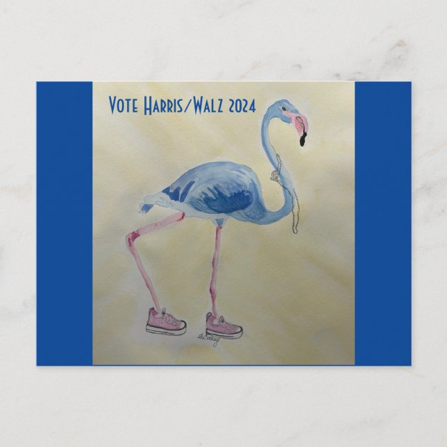 Vote Harris/Walz Flamant rose bleu avec carte post (Devant)