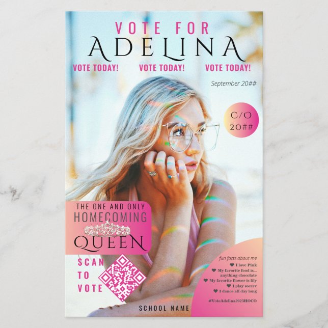 Vote Homecoming Queen Pink Magazine Style HOCO Flyer (Front)