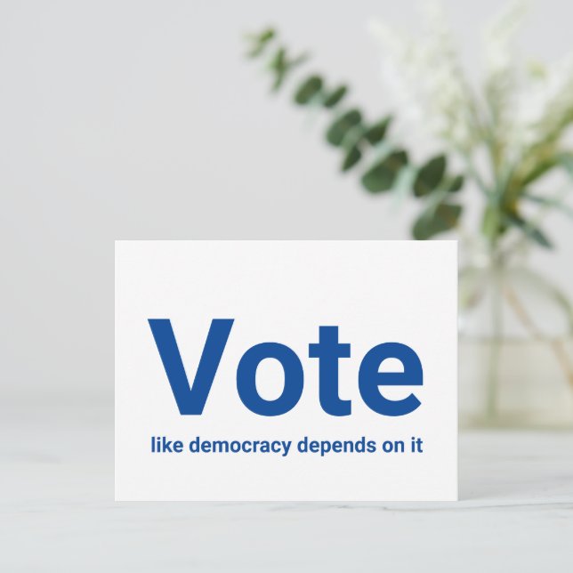 Vote like democracy depends on it blue and white postcard (Standing Front)