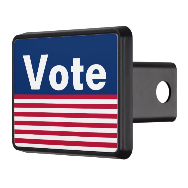 Vote Red White and Blue with Striped Pattern Trailer Hitch Cover (Left)