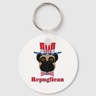 Vote rePUGlican Funny Pug in Red White Blue Hat Keychain