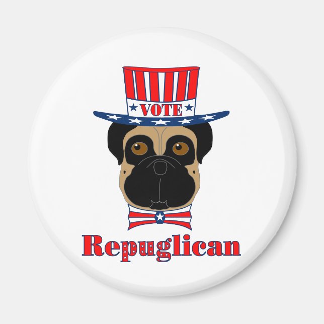 Vote rePUGlican Funny Pug in Red White Blue Hat Magnet (Front)