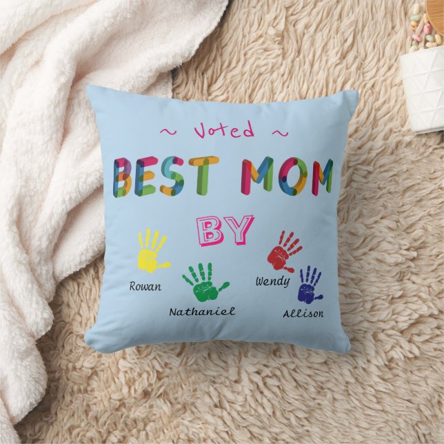 Voted Best Mom Hand art Pastel Blue Personalize Throw Pillow (Blanket)