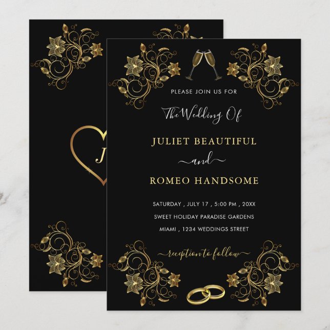 Votre Modèle de Faire-part de mariage Black Gold D (Devant / Derrière)
