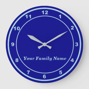 Votre nom de famille sur horloge murale ronde bleu