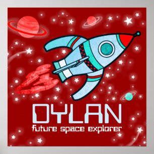 Votre nom fusée espace garçons affiche rouge