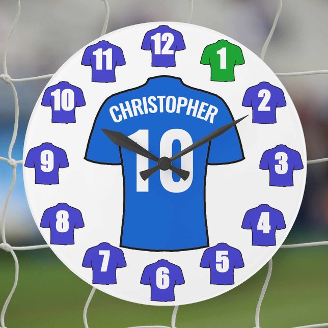 Votre nom Horloge de football - Chemises bleues (Créateur téléchargé)