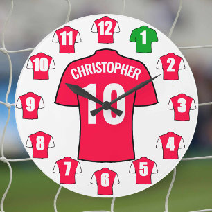 Votre nom Horloge de football - Rouge et Blanc