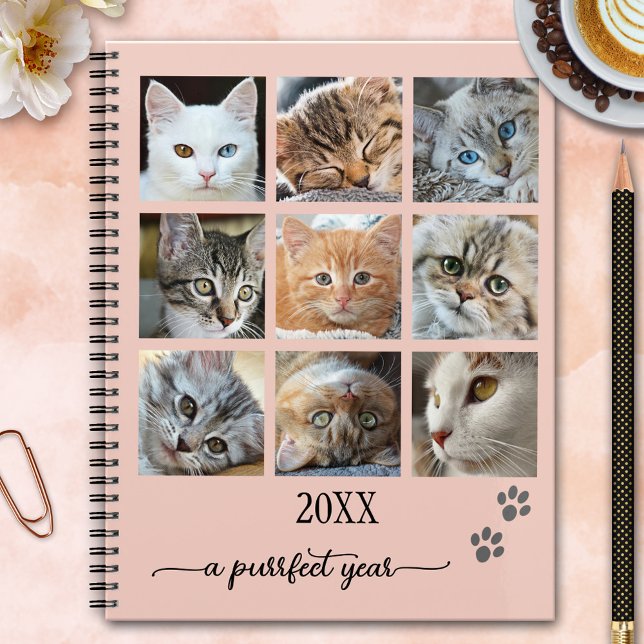 Votre Photo Collage Cute Cat Planner (Planner featuring your custom (cat) photos framed by a simple pink design with cute paw prints)