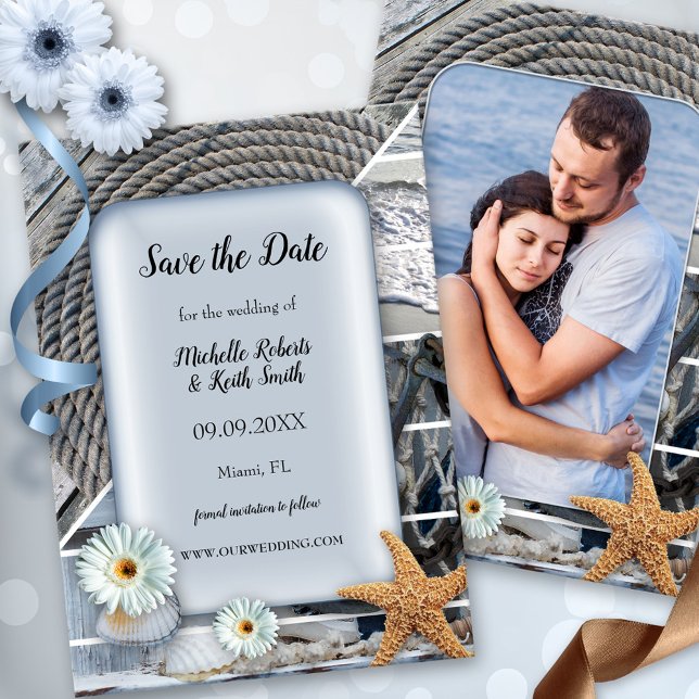 Votre photo Nautical Beach Enregistrer la carte Da (Save the Date card featuring a dusty blue design with a nautical theme and your custom photo)