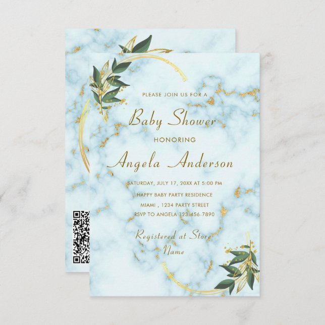 Votre QR Code Marbre Baby Boy Shower Invitation (Devant / Derrière)