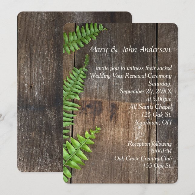 Vow Renewal Fern On Rustic Wood Invitation (Front/Back)