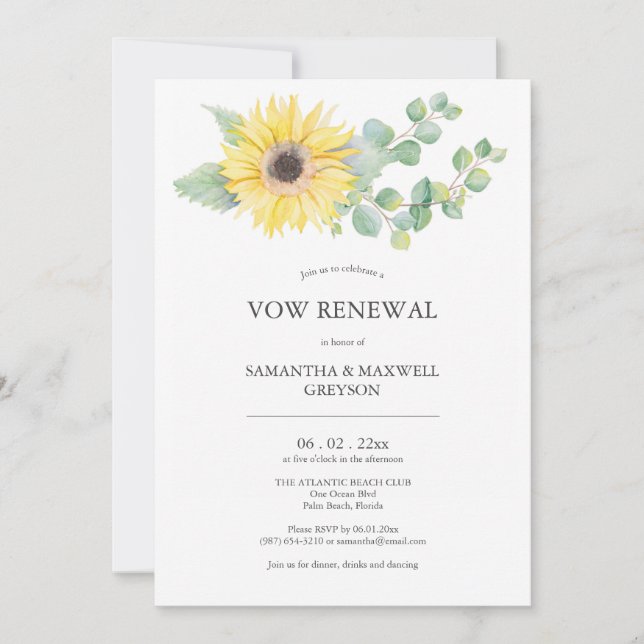 Vow Renewal Invitations Watercolor Sunflower (Front)