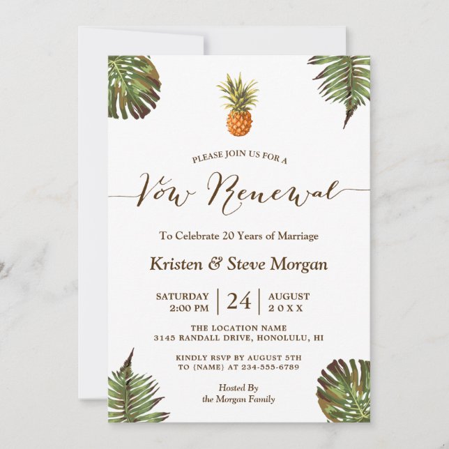 Vow Renewal Party - Summer Luau Pineapple Leaves Invitation (Front)