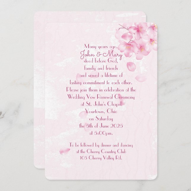 Vow Renewal pink cherry blossoms invite (Front/Back)