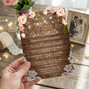 Vow Renewal Rustic Wood String Lights Lace Floral Invitation