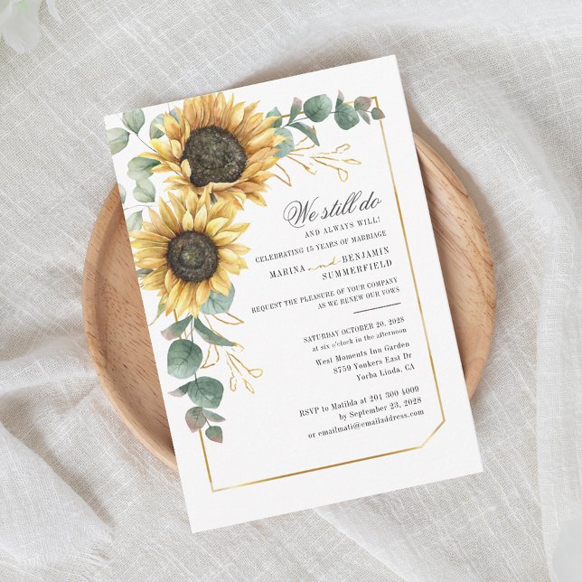 Vow Renewal Sunflower Eucalyptus Greenery Script Invitation (Watercolor Floral Sunflower Rustic Wedding Anniversary Invitation)