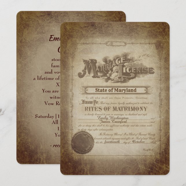 Vow Renewal Vintage Wedding Certificate  Invitation (Front/Back)