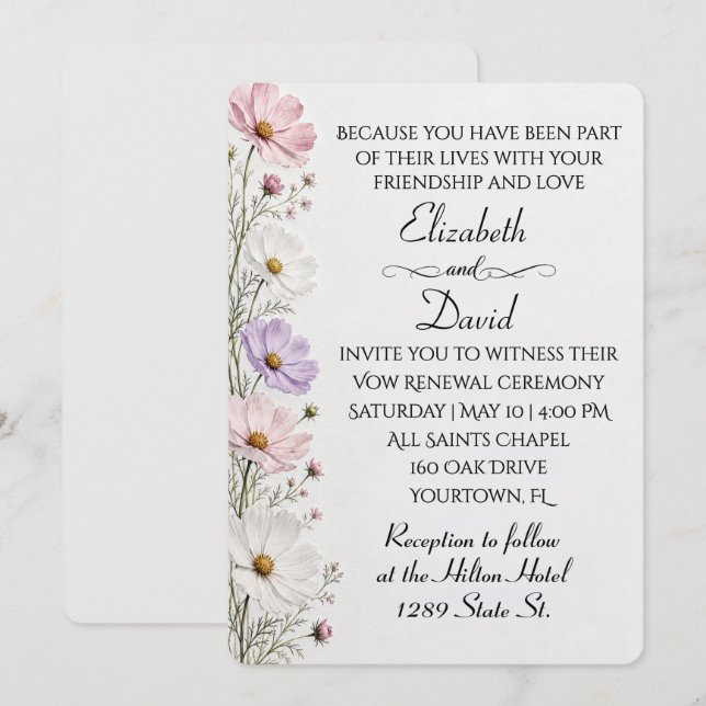 Vow Renewal Wedding Cosmos Floral Border Invitation (Front/Back)