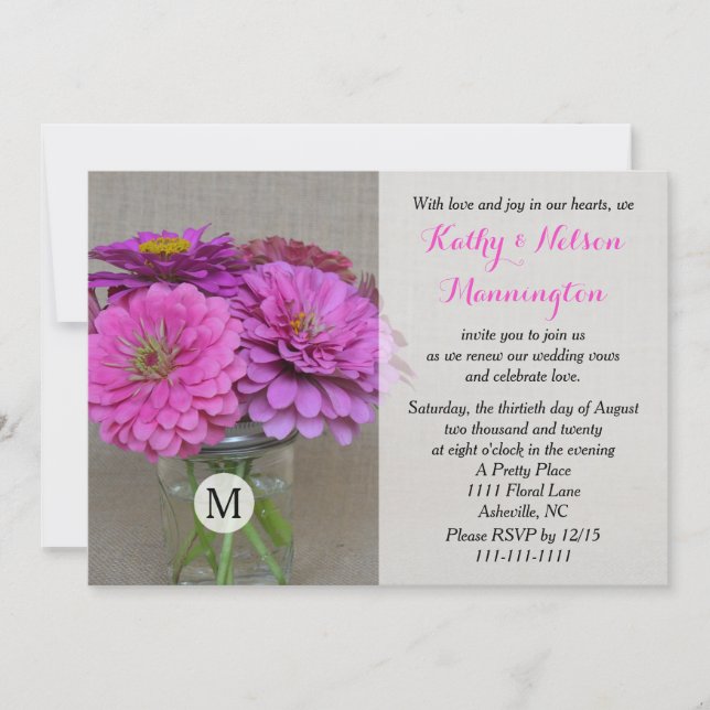 Vow Renewal Zinnias in Masson Jar on Burlap Invitation (Front)