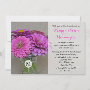 Vow Renewal Zinnias in Masson Jar on Burlap Invitation