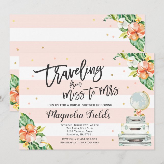 Voyage De Mlle À Mme Fête des mariées Invitation (Devant / Derrière)