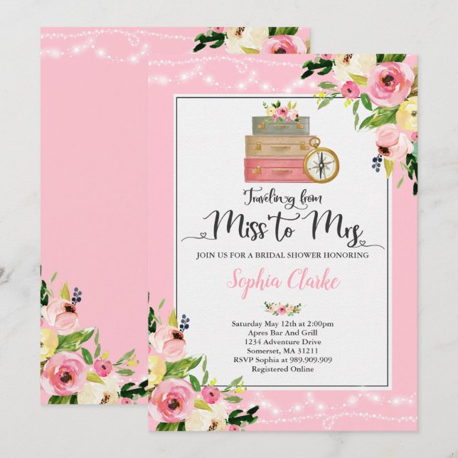 Voyage Invitation de douche nuptiale Mlle à Mme Fl (Devant / Derrière)