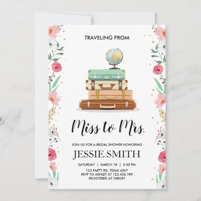 Voyage thème de la douche nuptiale invitation Mlle (Devant)