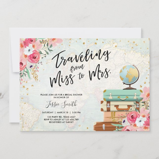 Voyage thème de la douche nuptiale invitation Mlle (Devant)