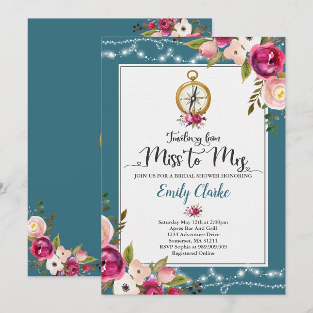 Voyager Invitation de douche nuptiale Mlle à Mme S (Devant / Derrière)