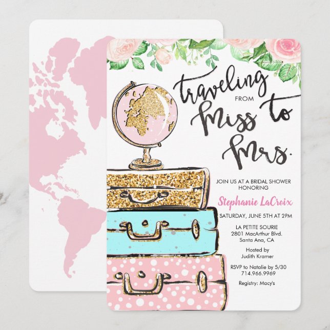 Voyager Mlle à Mme Bridal Shower Invitation (Devant / Derrière)
