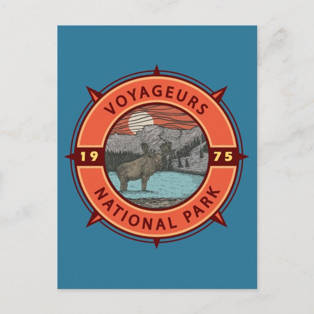 Voyageurs National Park Moose Retro Compass Emblem Postcard (Front)