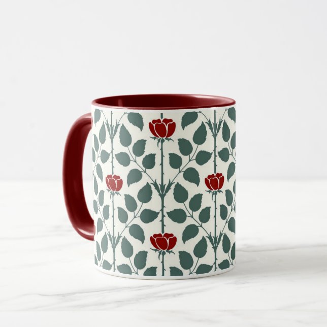 Voysey's Briar Rose, Dark Red Mug (Front Left)