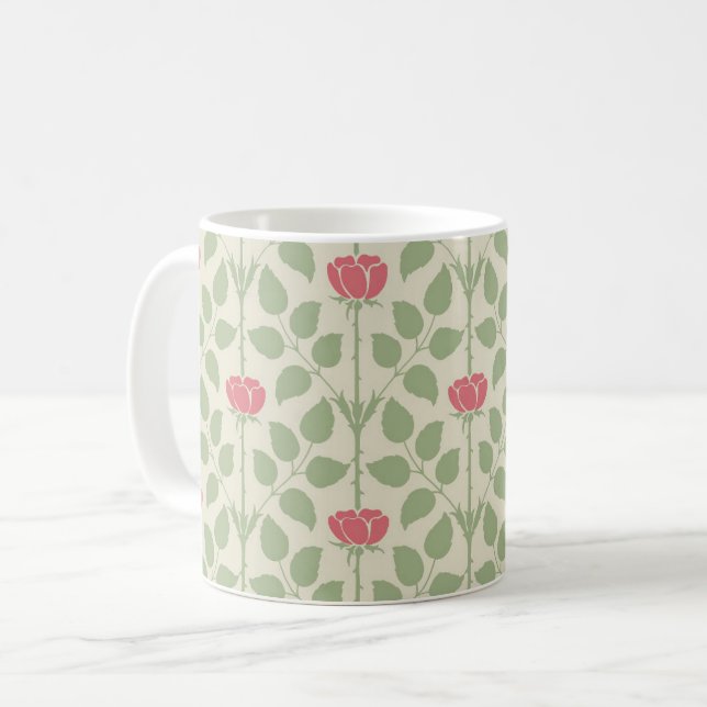 Voysey's Briar Rose, Deep Pink on Ivory Coffee Mug (Front Left)