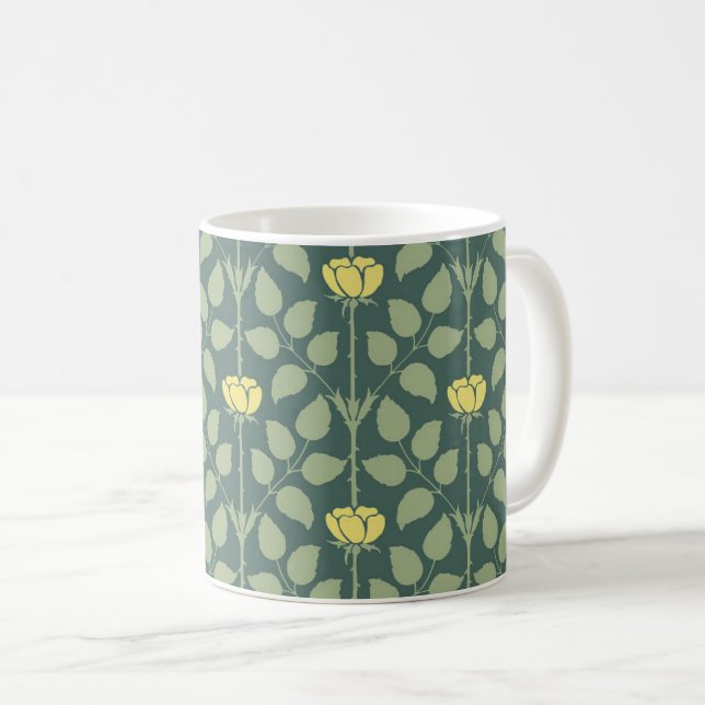 Voysey's Briar Rose, Yellow on Pine Green Coffee Mug (Front Right)