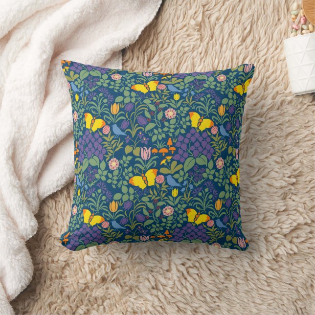 Voysey's Garden Prussian Blue Background Throw Pillow (Blanket)