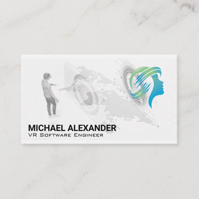 VR Headset Tech Logo | World Map Business Card (Front)