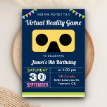 VR Virtual Reality Kids Birthday Party Invitation<br><div class="desc">Amaze your guests with this cool birthday party invite featuring a yellow virtual reality headset with modern typography against a navy blue background. Simply add your event details on this easy-to-use template to make it a one-of-a-kind invitation. Flip the card over to reveal a colourful stripes pattern on the back...</div>