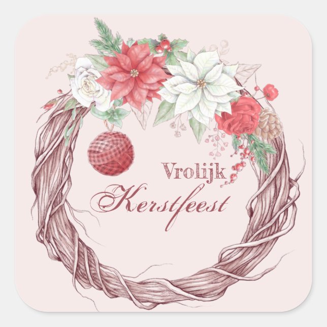 Vrolijk kerstfeest White and Red Poinsettia Square Sticker (Front)
