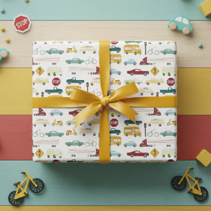 Vroom! Traffic Pattern Cars Trucks Bus Bike Bday Wrapping Paper Sheet