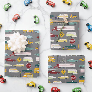 Vroom! Traffic Pattern Cars Trucks Bus Bike grey Wrapping Paper Sheet
