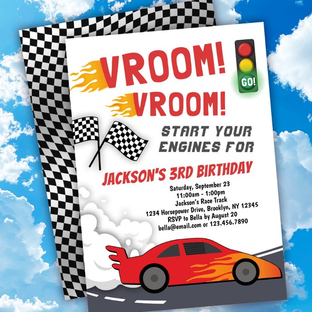 Vroom Vroom Race Car Birthday Party Invitation (Creator Uploaded)