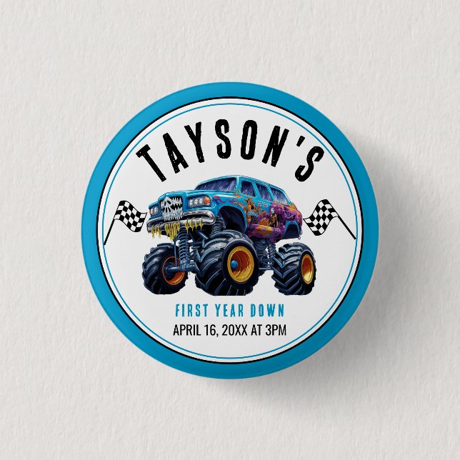 Vroom Zoom Monster Truck Boom | 1st Birthday Party 1 Inch Round Button (Front)