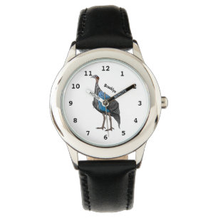 Vulturine guineafowl bird cartoon illustration watch