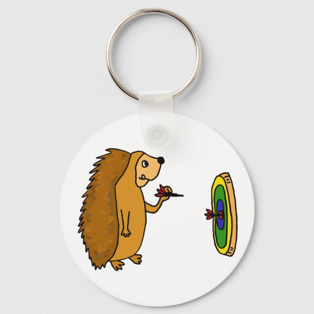 VV- Funny Hedgehog Throwing Darts Cartoon Keychain (Front)