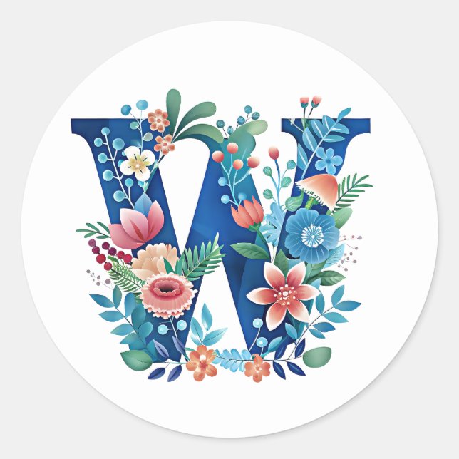 "'W' beautiful floral monogram" Classic Round Sticker (Front)