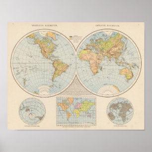 W, E Halbkugel World Map Poster